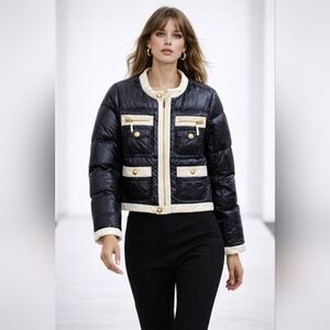 Y2k Twisted Heart Black White Trim Puffer Jacket Gold Button Zip Pockets